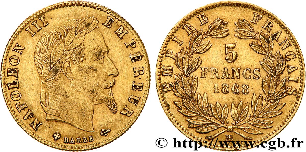 5 francs or Napoléon III, tête laurée 1868 Strasbourg F.502/14 XF 