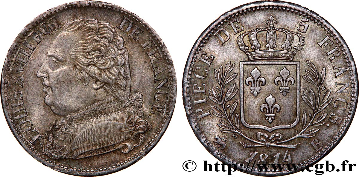 5 francs Louis XVIII, buste habillé 1814 Rouen F.308/2 MS62 