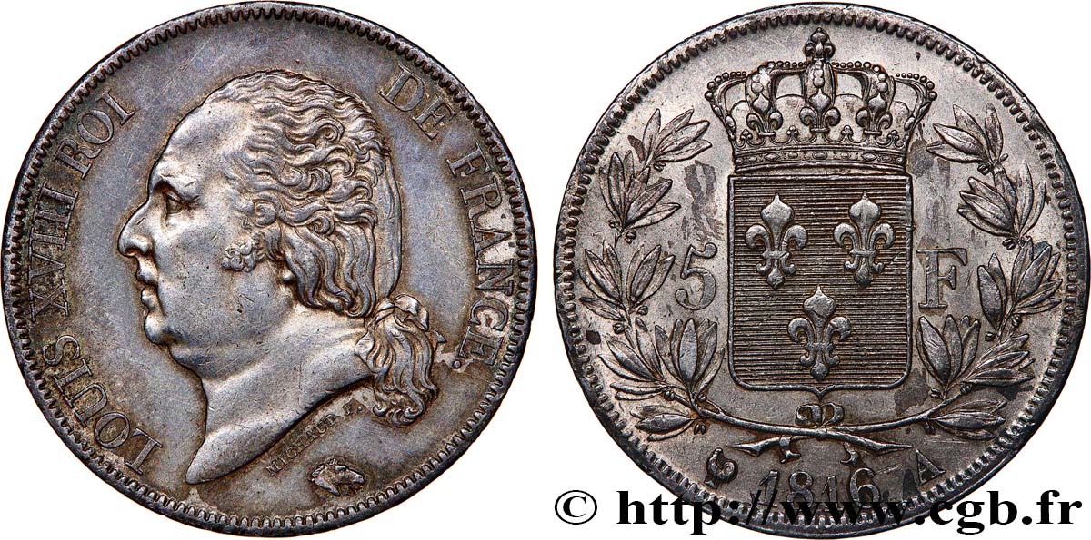 5 francs Louis XVIII, tête nue 1816  Paris F.309/1 AU 