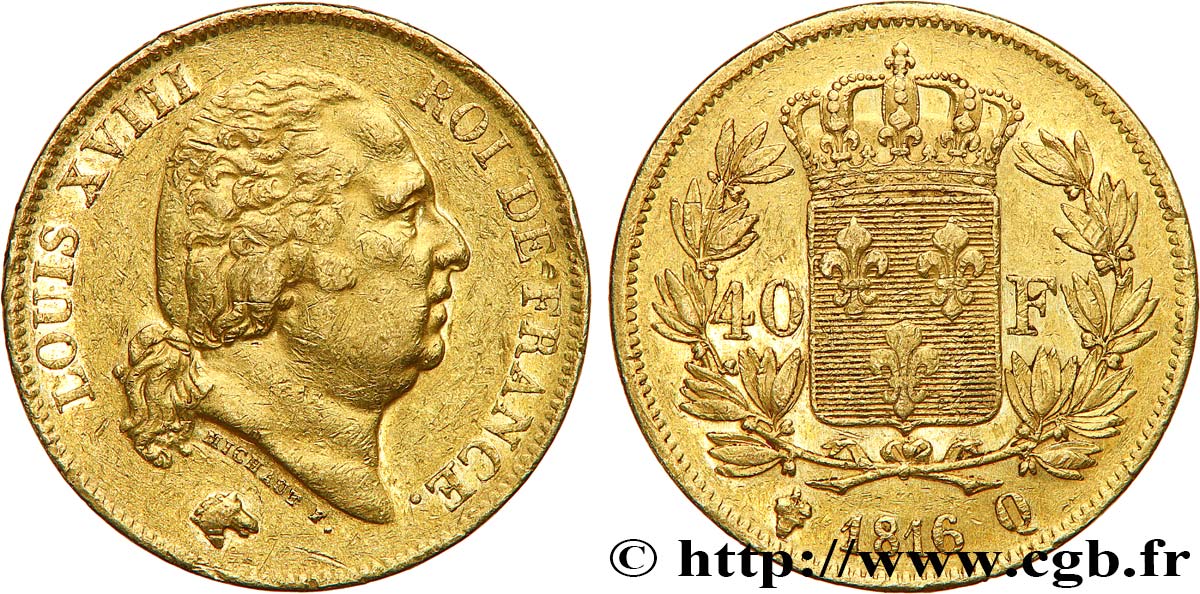 40 francs or Louis XVIII 1816 Perpignan F.542/4 XF 