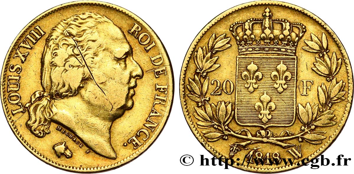 20 francs or Louis XVIII, tête nue 1818 Lille F.519/14 XF 