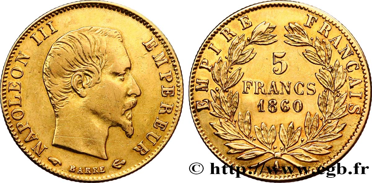 5 francs or Napoléon III, tête nue, grand module 1860 Paris F.501/10 q.BB 