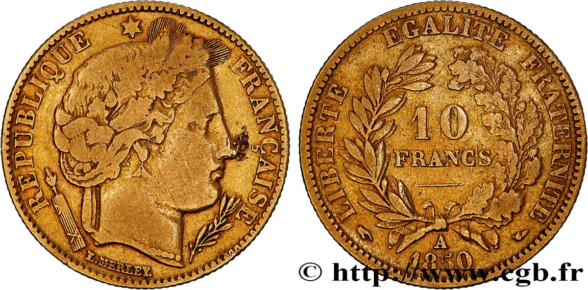 10 francs or Cérès, IIe République, levrette oreille haute 1850 Paris F.504/1 TB 