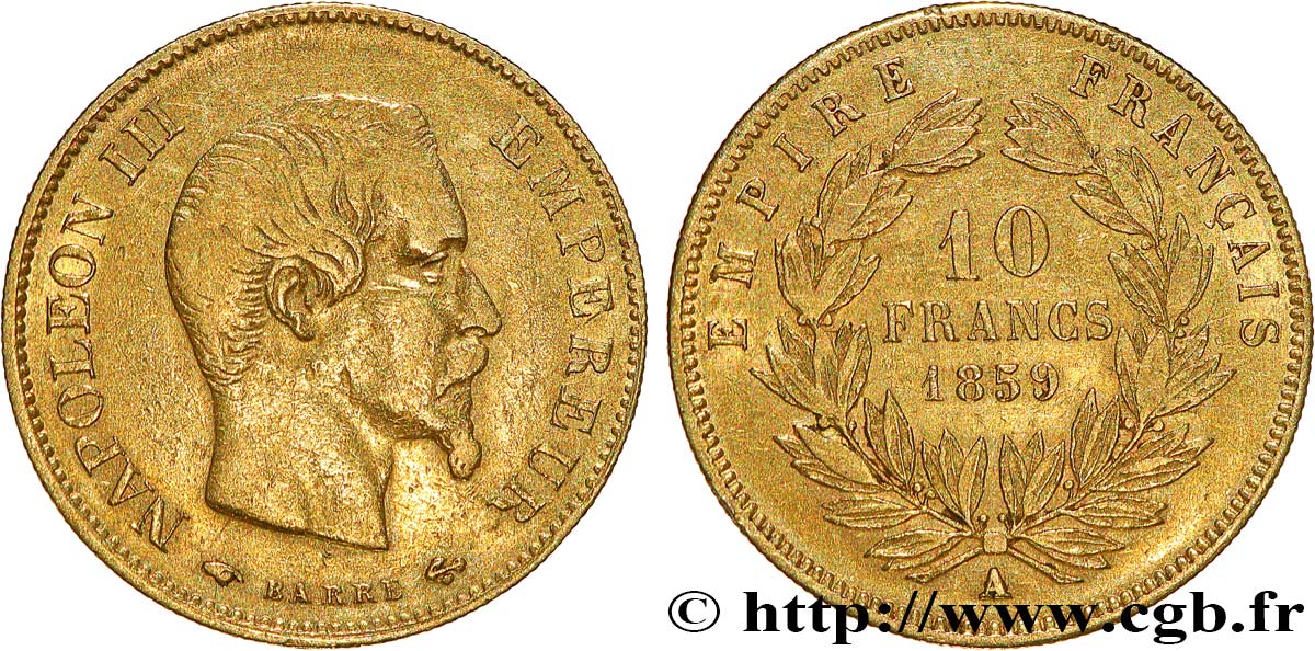 10 francs or Napoléon III, tête nue 1859 Paris F.506/7 BC+ 
