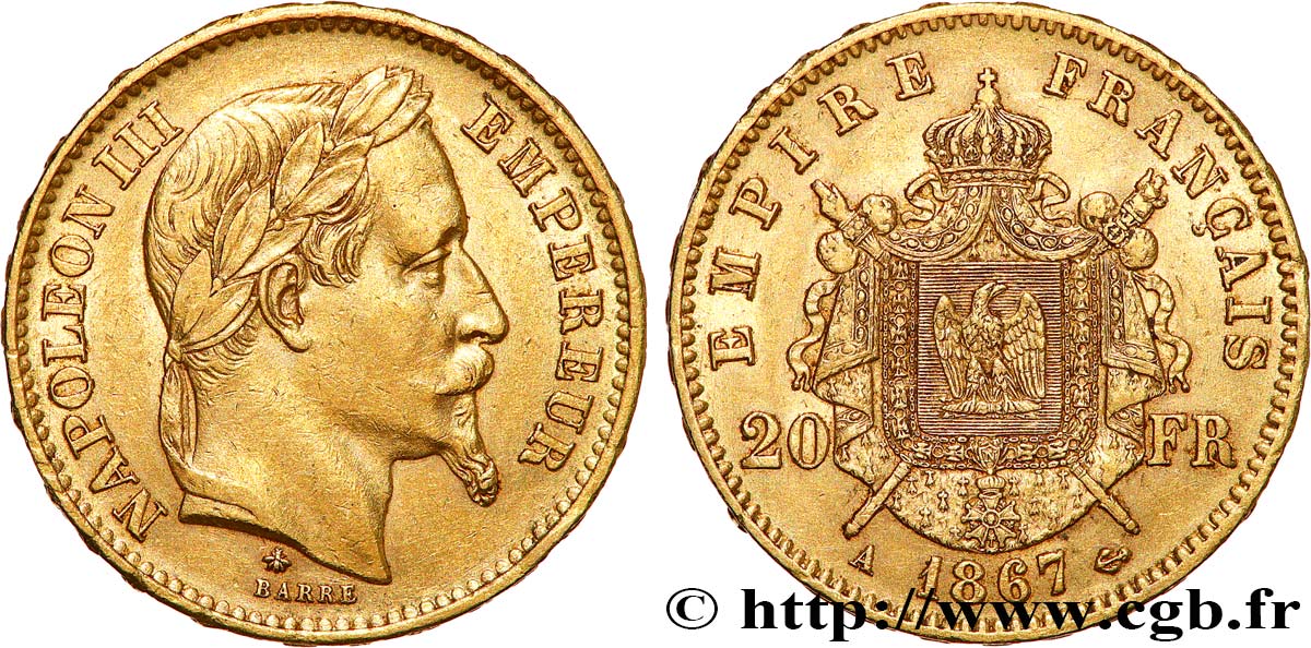 20 francs or Napoléon III, tête laurée 1867 Paris F.532/15 TTB+ 