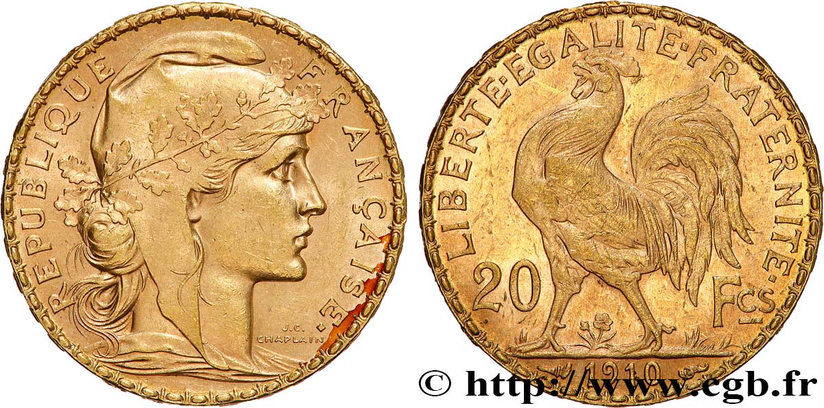 20 francs or Coq, Liberté Égalité Fraternité 1910 Paris F.535/4 q.SPL 