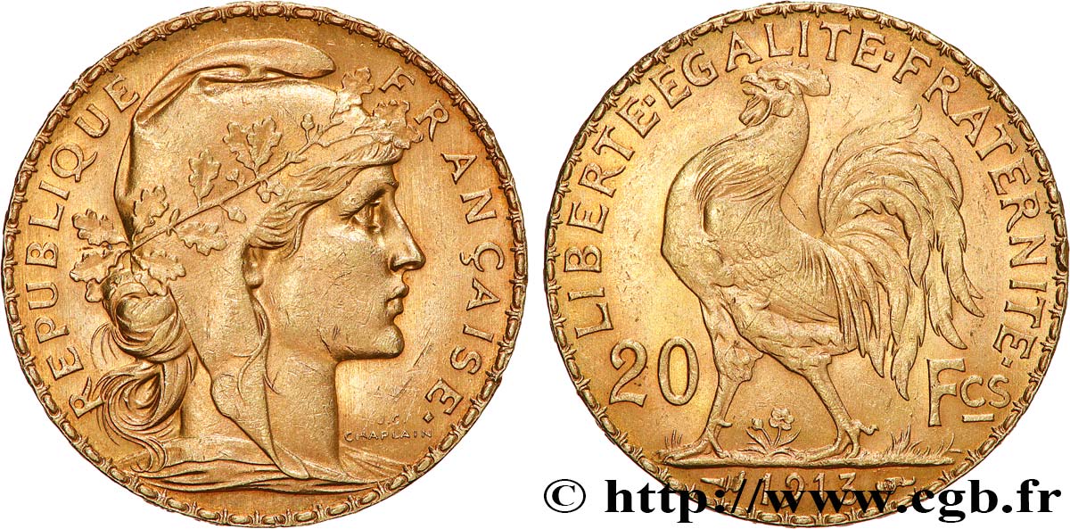 20 francs or Coq, Liberté Égalité Fraternité 1913 Paris F.535/7 TTB+ 
