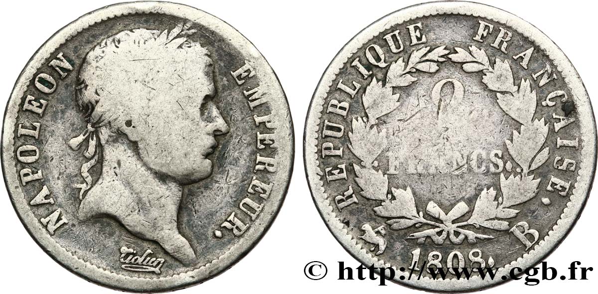 2 francs Napoléon Ier tête laurée, République française 1808 Rouen F.254/5 B8 