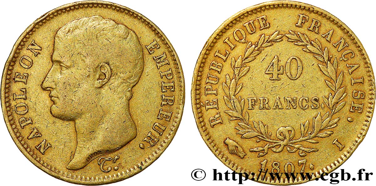 40 francs or Napoléon tête nue, type transitoire 1807 Limoges F.539/2 TB+ 
