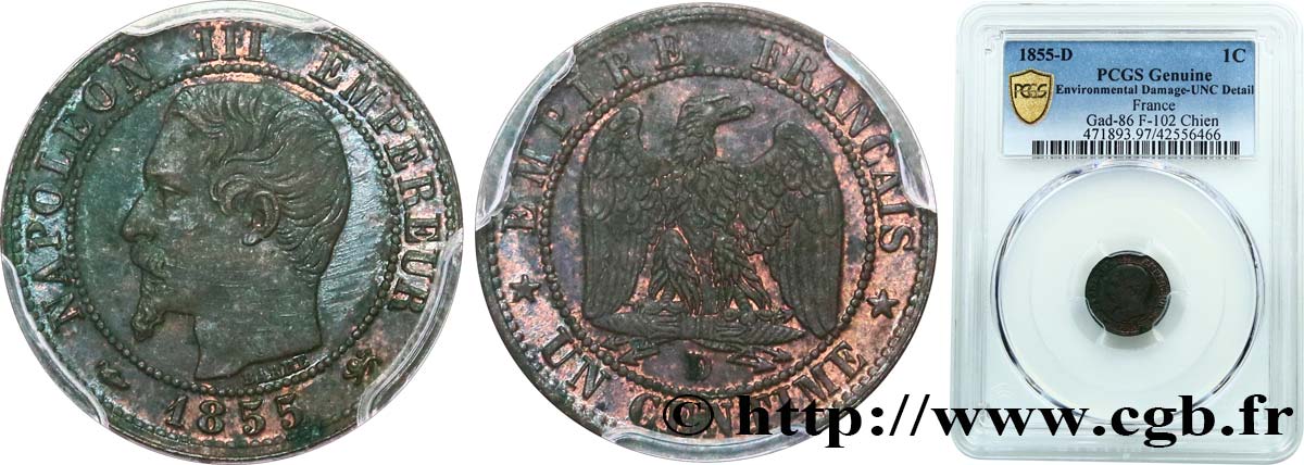 Un centime Napoléon III, tête nue 1855 Lyon F.102/19 SUP PCGS