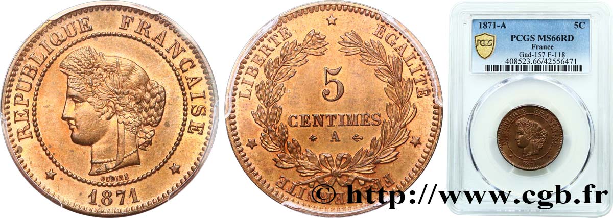 5 centimes Cérès 1871  Paris F.118/2 MS66 PCGS