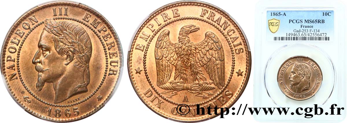 Dix centimes Napoléon III, tête laurée 1865 Paris F.134/16 FDC65 PCGS