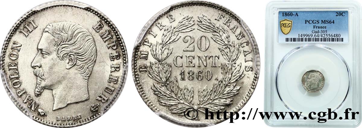 20 centimes Napoléon III, tête nue 1860 Paris F.148/14 SPL64 PCGS