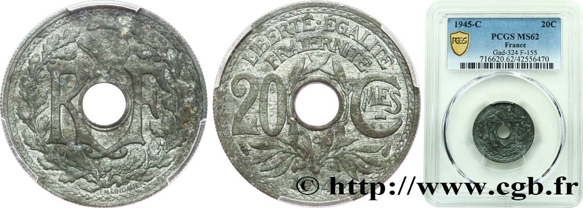 20 centimes Lindauer Zinc 1945 Castelsarrasin F.155/4 SPL62 PCGS