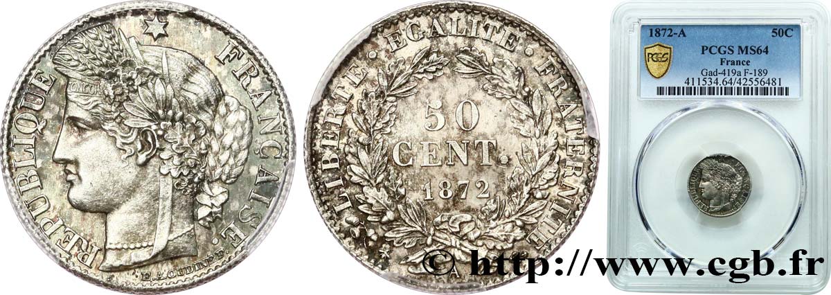50 centimes Cérès, IIIe République 1872 Paris F.189/3 MS64 PCGS