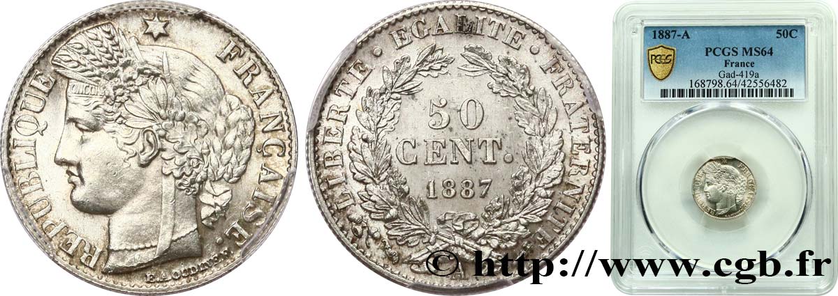 50 centimes Cérès, Troisième République 1887 Paris F.189/12 fST64 PCGS