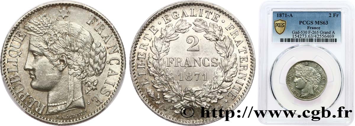 2 francs Cérès, avec légende 1871 Paris F.265/3 SC63 PCGS