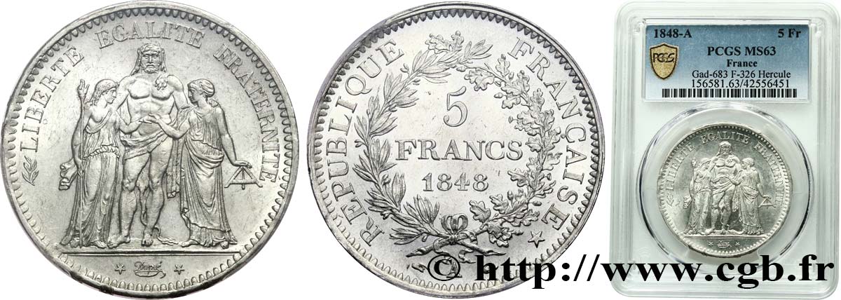 5 francs Hercule, IIe République 1848 Paris F.326/1 SC63 PCGS
