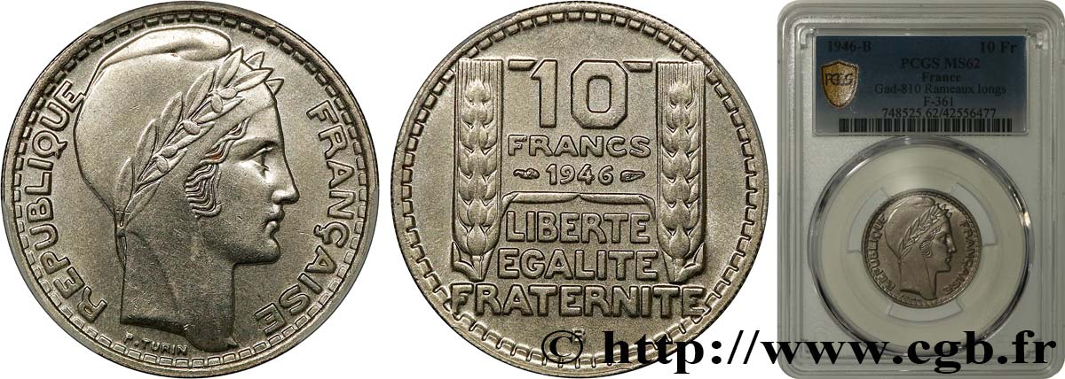 10 francs Turin, grosse tête, rameaux longs 1946 Beaumont-Le-Roger F.361/4 SUP62 PCGS