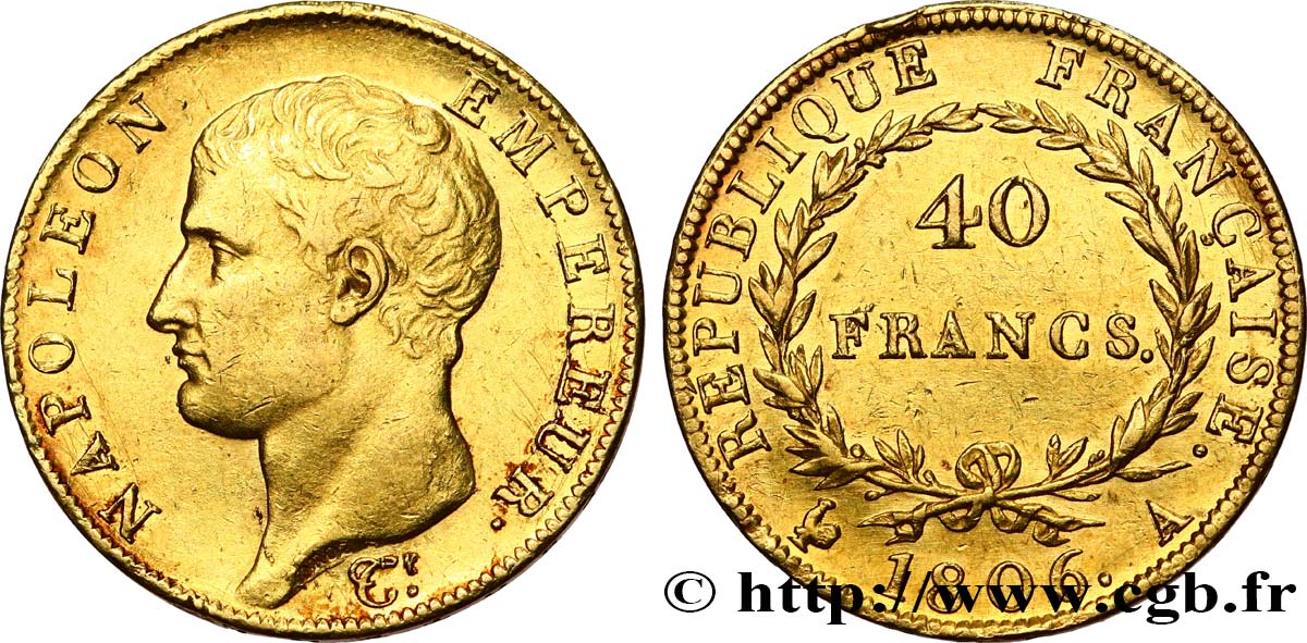 40 francs or Napoléon tête nue, Calendrier grégorien 1806 Paris F.538/1 TTB 