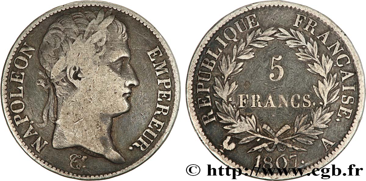 5 francs Napoléon Empereur, République française 1807 Paris F.306/1 TB 