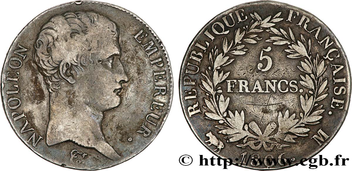 5 francs Napoléon Empereur, Calendrier grégorien 1806 Toulouse F.304/8 VF 