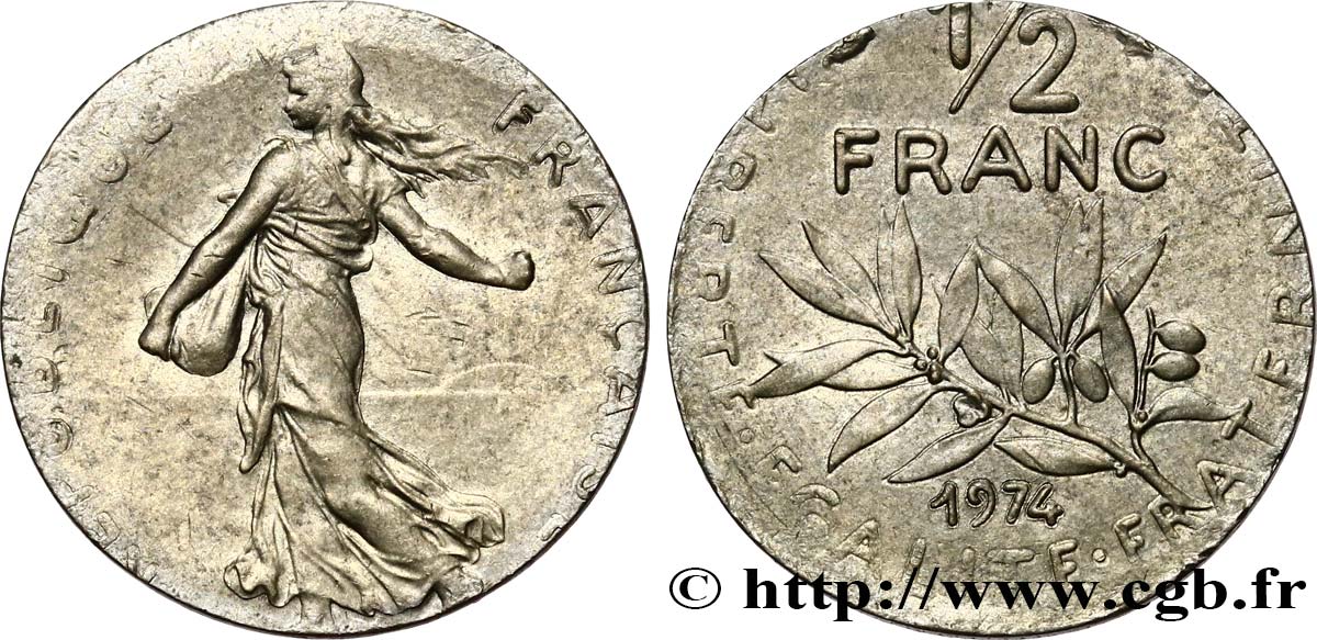 1/2 franc Semeuse, fauté erreur de flan 1974 Pessac F.198/13 var. SUP+ 
