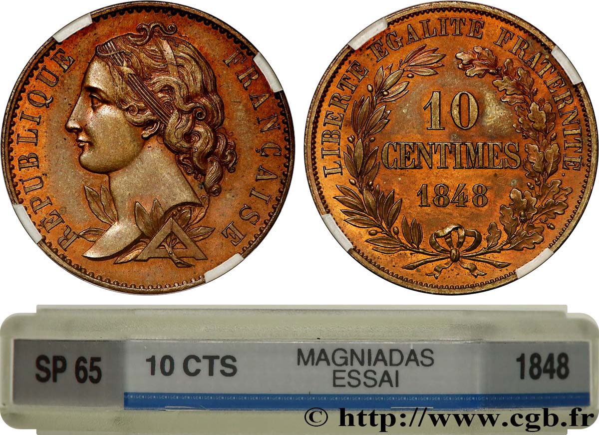 Concours de 10 centimes, essai en cuivre par Magniadas, premier revers 1848 Paris VG.3143  FDC65 GENI
