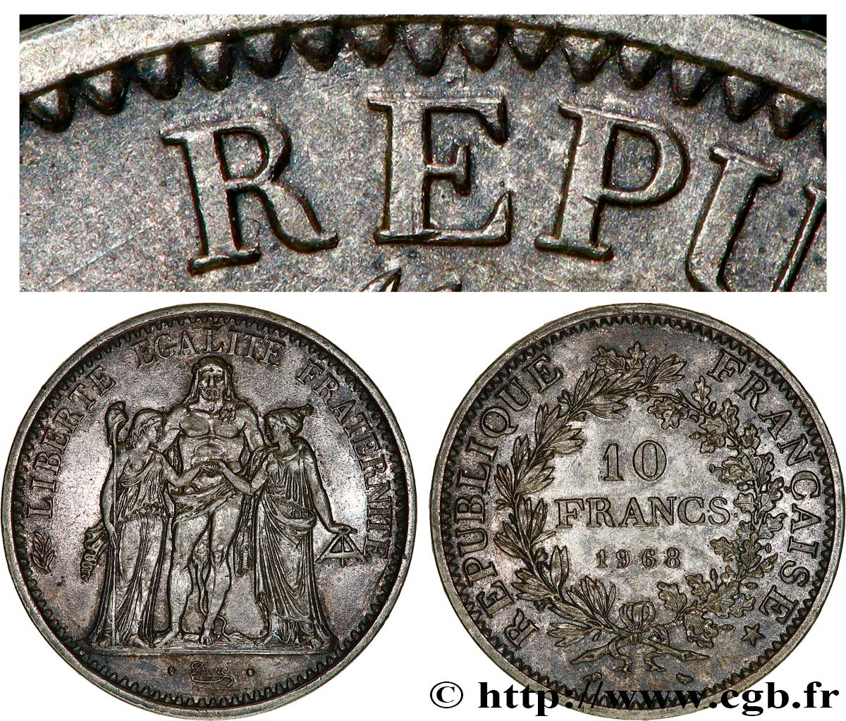 10 francs Hercule, avec un point sur le E de REPUBLIQUE 1968  F.364/7 SPL 