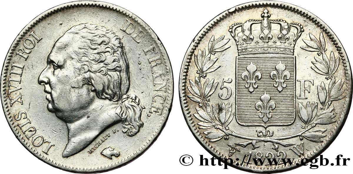 5 francs Louis XVIII, tête nue 1822 Lille F.309/75 MBC 