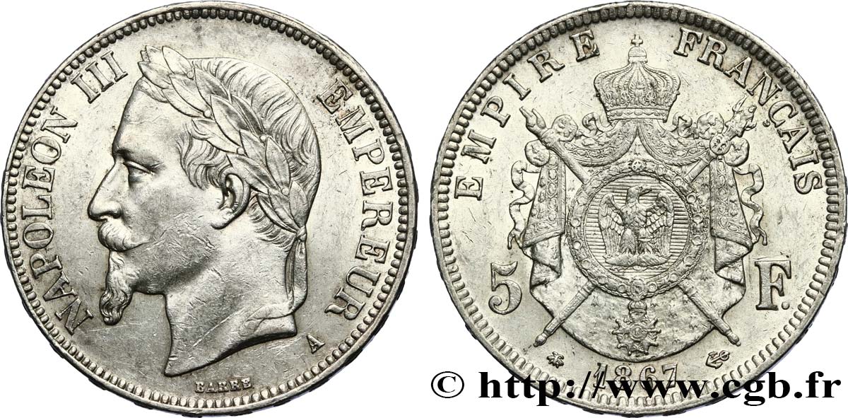 5 francs Napoléon III, tête laurée 1867 Paris F.331/10 TTB+ 
