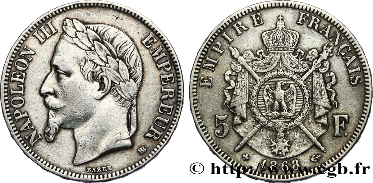 5 francs Napoléon III, tête laurée 1868 Strasbourg F.331/13 SS 
