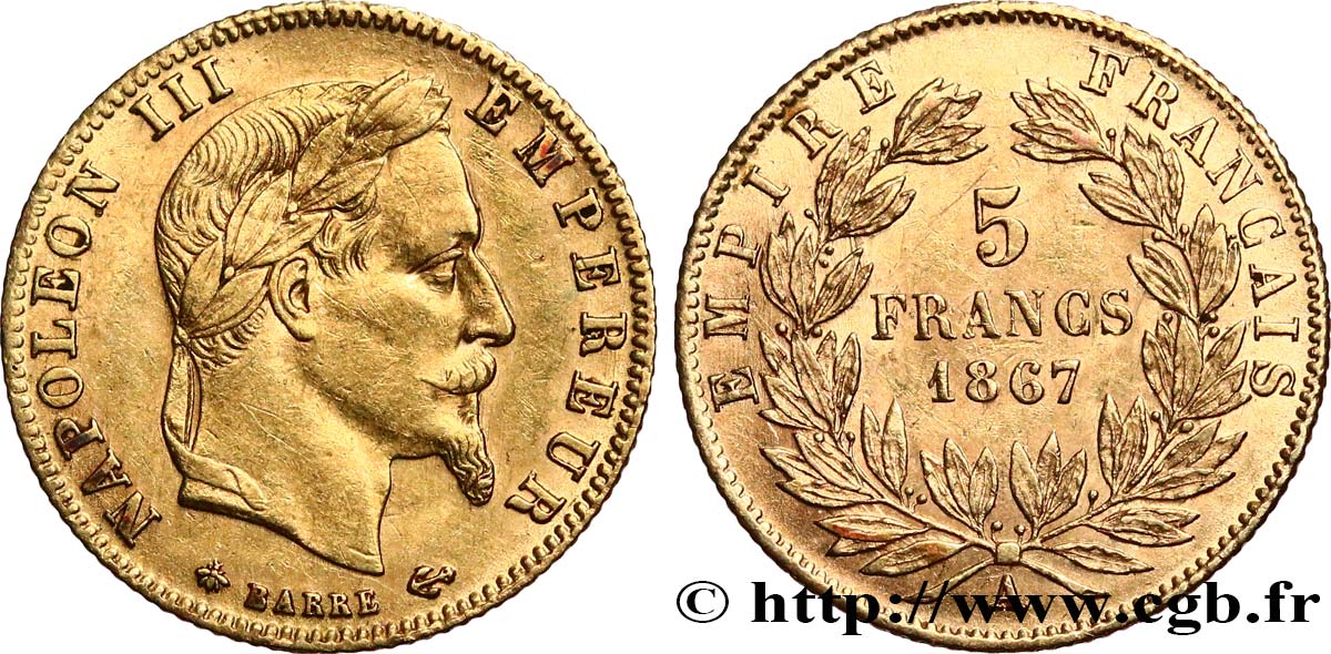 5 francs or Napoléon III, tête laurée 1867 Paris F.502/11 BB53 