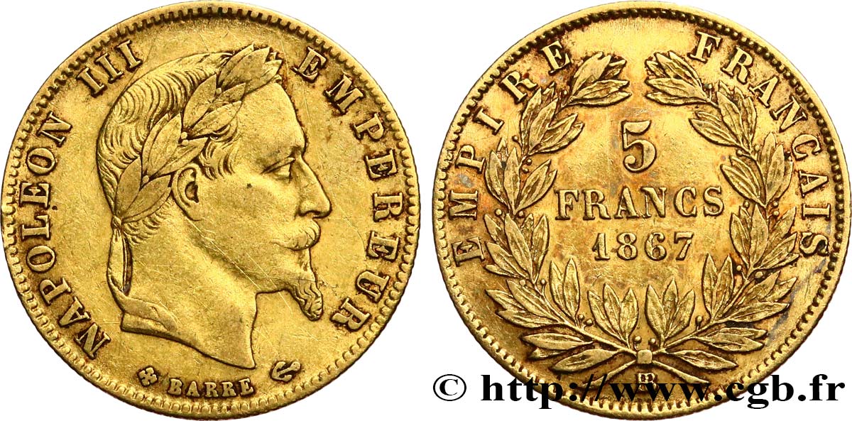 5 francs or Napoléon III, tête laurée 1867 Strasbourg F.502/12 XF 