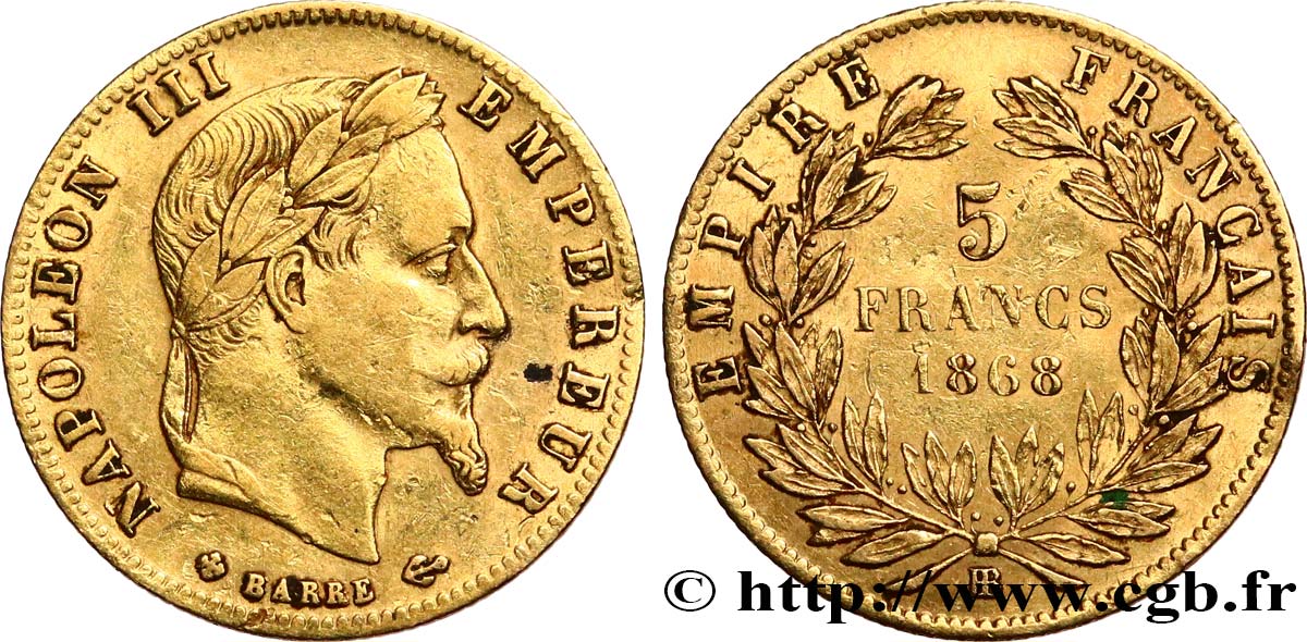 5 francs or Napoléon III, tête laurée 1868 Strasbourg F.502/14 q.BB 