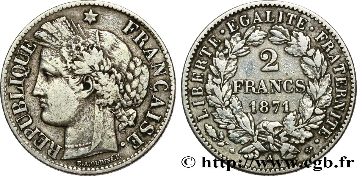 2 francs Cérès, avec légende 1871 Paris F.265/4 BC+ 