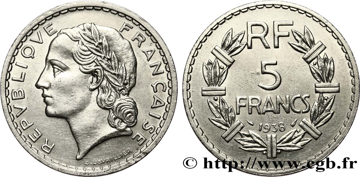 5 francs Lavrillier, nickel 1938  F.336/7 BB50 