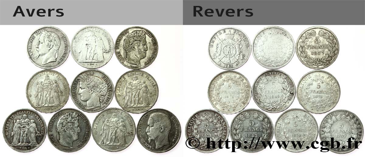Lot de dix écus de 5 francs n.d.  F.-/ TB 