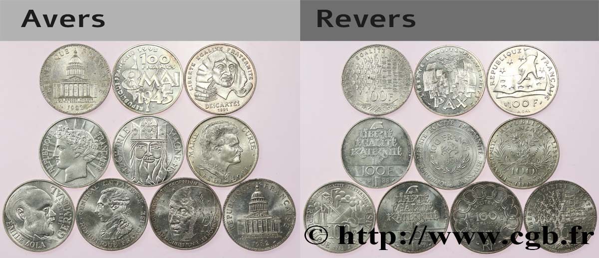 Lot de 10 pièces de 100 francs commémoratives - - F.-/ TTB 