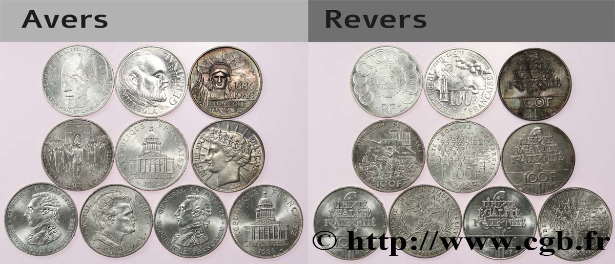 Lot de 10 pièces de 100 francs commémoratives - - F.-/ TTB 