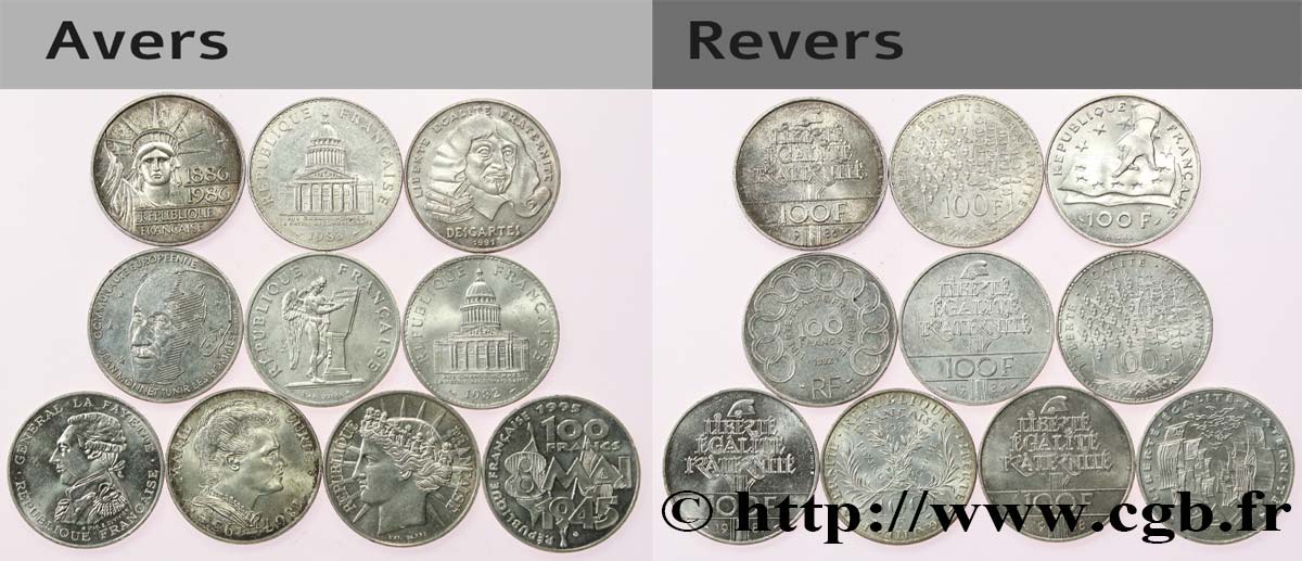 Lot de 10 pièces de 100 francs commémoratives - - F.-/ XF 
