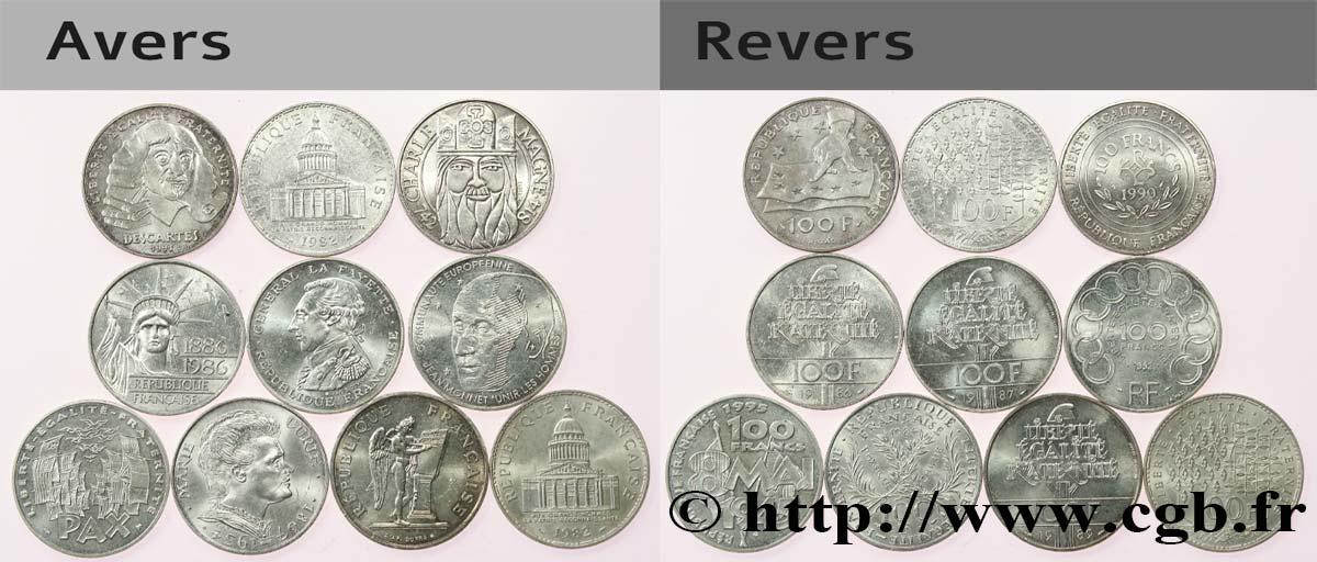 Lot de 10 pièces de 100 francs commémoratives - - F.-/ TTB 
