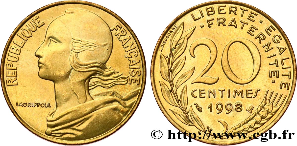 20 centimes Marianne, BU (Brillant Universel) 1998 Pessac F.156/42 SUP62 