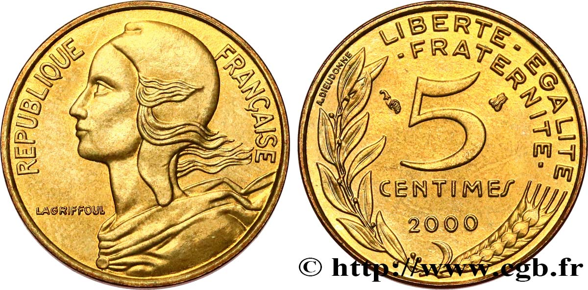 5 centimes Marianne, BU (Brillant Universel) 2000 Pessac F.125/44 MS64 