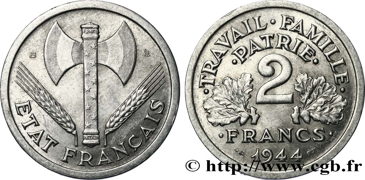 2 francs Francisque 1944 Beaumont-Le-Roger F.270/5 MBC+ 