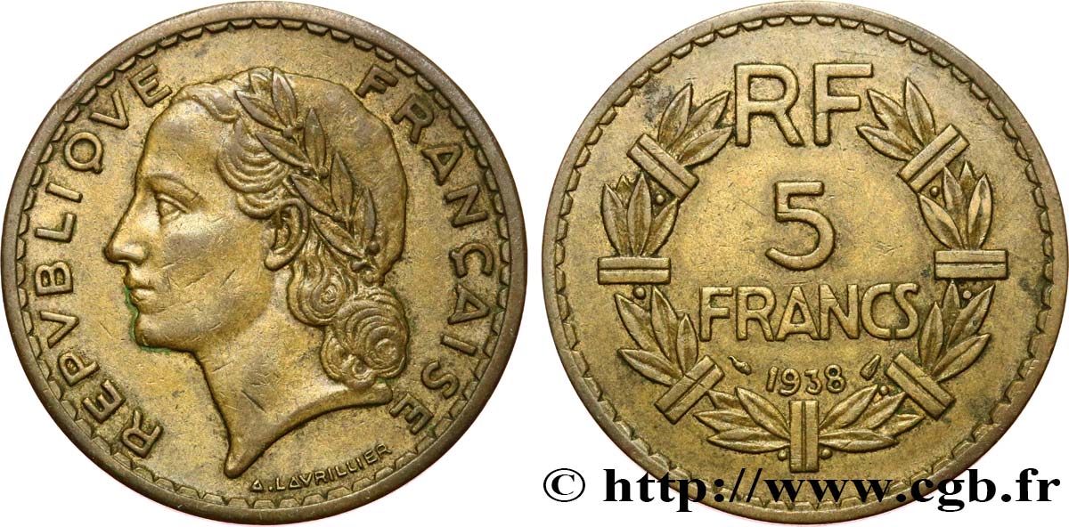 5 francs Lavrillier, bronze-aluminium 1938  F.337/1 TTB45 