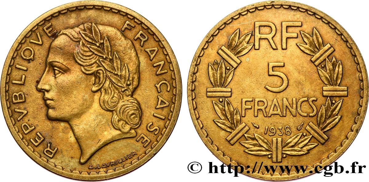 5 francs Lavrillier, bronze-aluminium 1938  F.337/1 MBC+ 