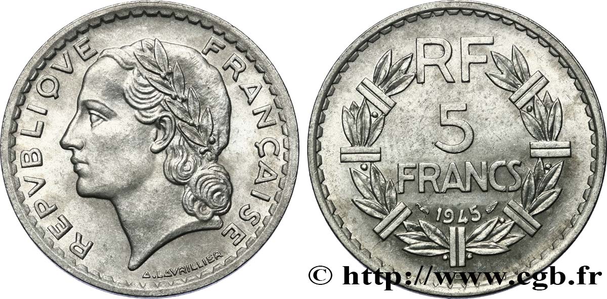 5 francs Lavrillier, aluminium 1945 Beaumont-Le-Roger F.339/4 AU55 