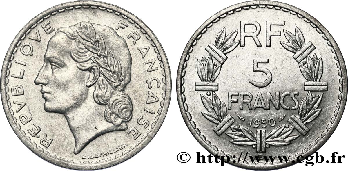 5 francs Lavrillier, aluminium 1950 Beaumont-Le-Roger F.339/21 AU53 