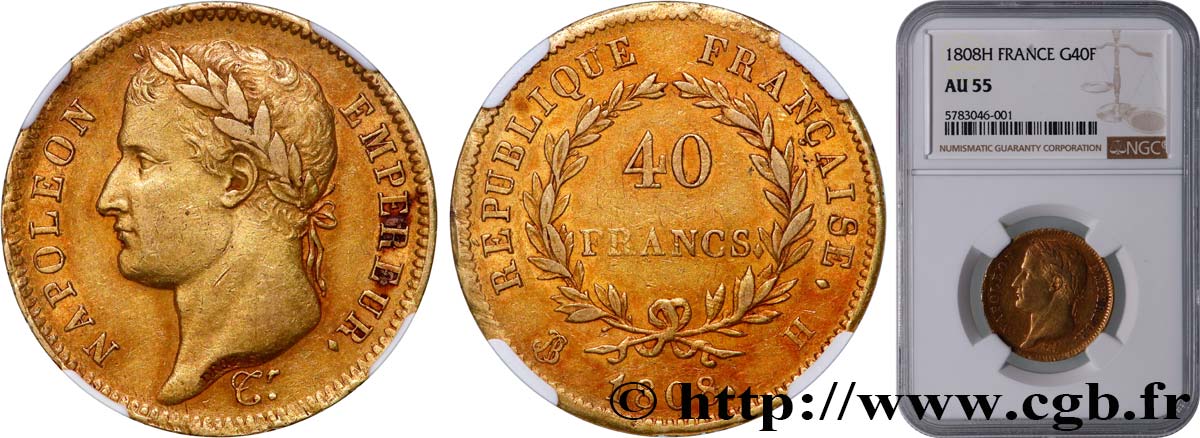 40 francs or Napoléon tête laurée, République française 1808 La Rochelle F.540/3 VZ55 NGC